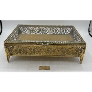 Vintage Jewelry Box Gold Filigree Quilted Lining Benoit Guyot Lyon MCM